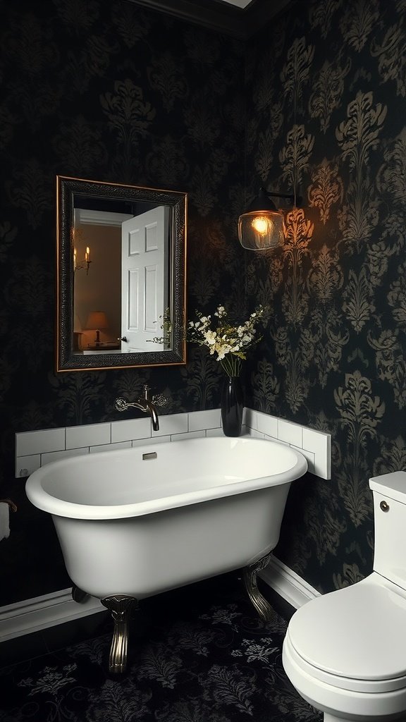 Elegant dark damask wallpaper in a small bathroom with a white bathtub and vintage decor.