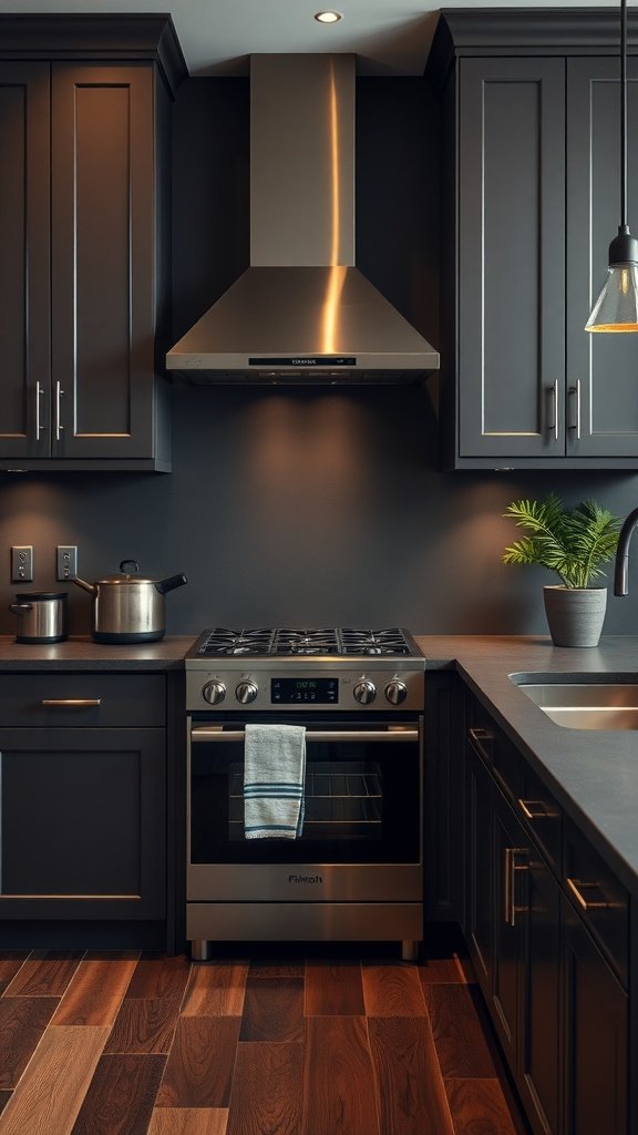A modern kitchen featuring dark stainless steel appliances, dark cabinetry, and hardwood flooring.