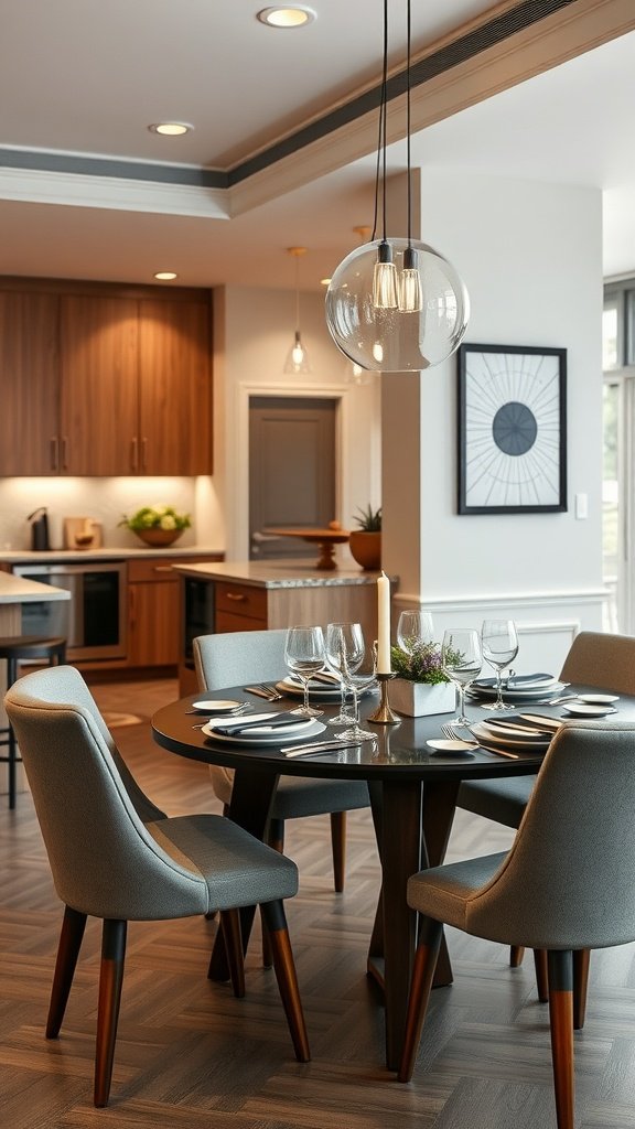 A beautifully arranged dining area with a round table, elegant chairs, and soft lighting.