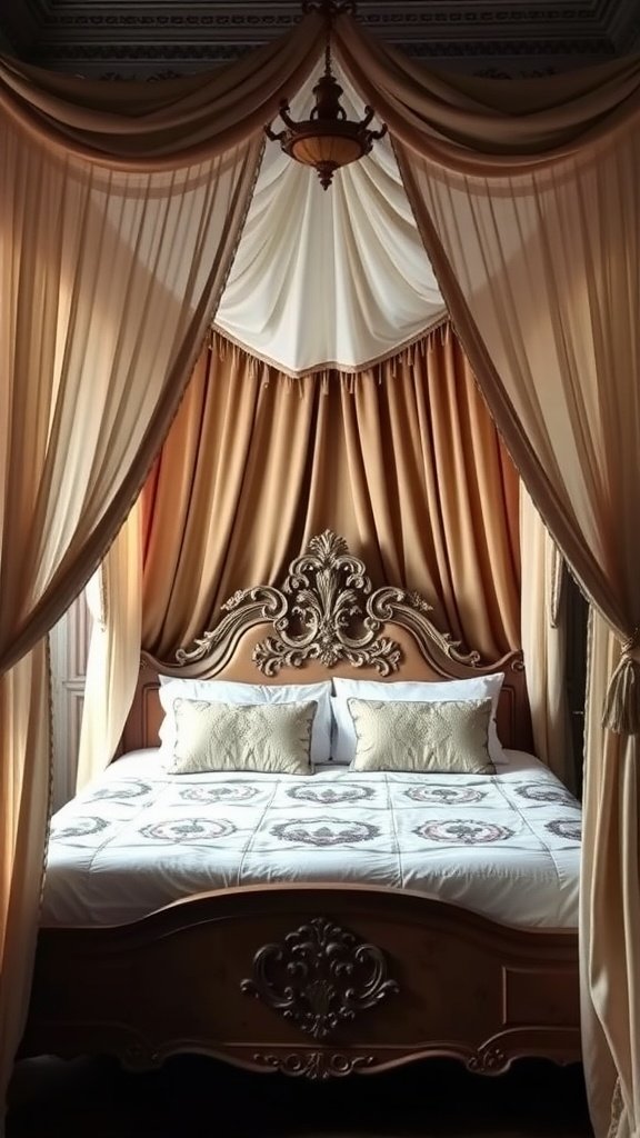 A beautifully draped canopy over an ornate bed with soft pillows and elegant colors.