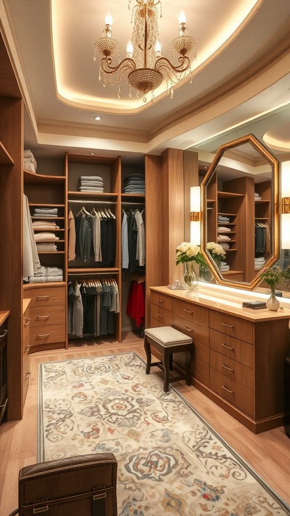 An elegant dressing area featuring organized shelves, a chandelier, and a cozy stool.