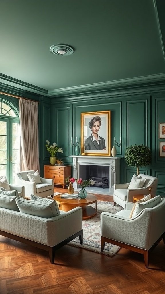 Elegant emerald living room with light furniture and artwork.