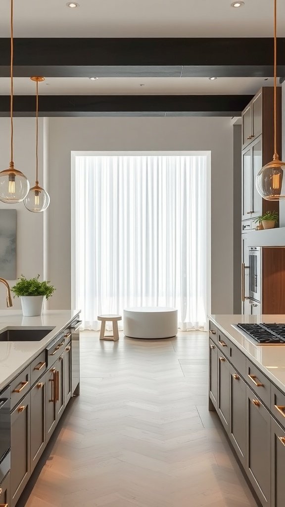 A modern kitchen featuring elegant finishes and warm lighting.