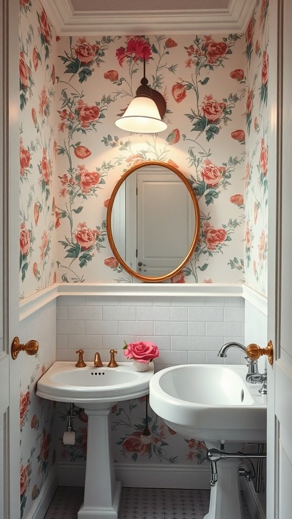 Elegant floral wallpaper in a small bathroom, featuring roses and greenery.