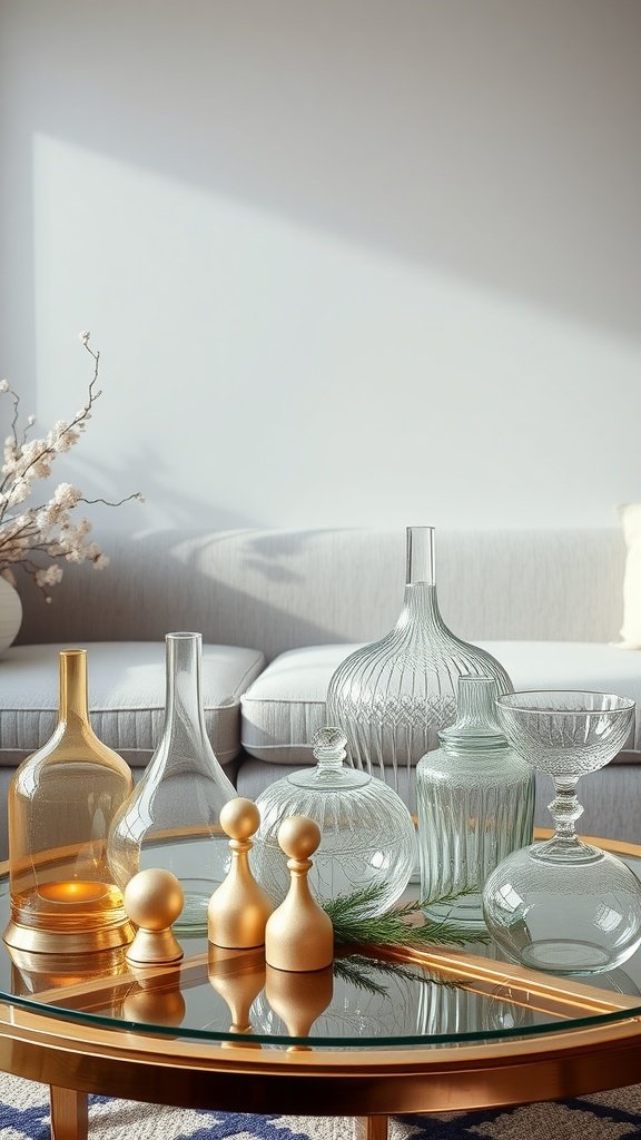A collection of elegant glass decor pieces on a coffee table.
