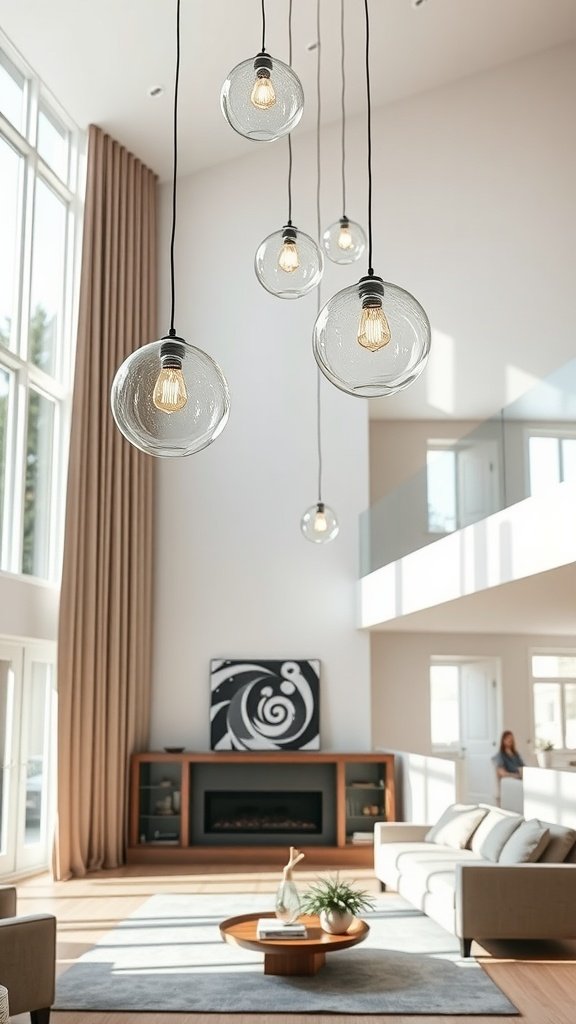 A modern double-height living room featuring elegant glass sphere lights hanging from the ceiling.