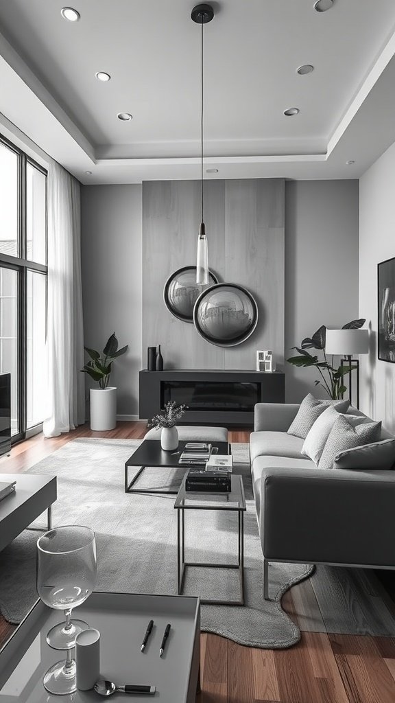 A modern living room featuring gray and silver decor, with minimalist furniture and natural elements.