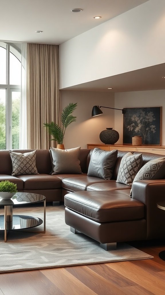 Elegant leather sectional sofa in a stylish living room with decorative pillows and a coffee table.