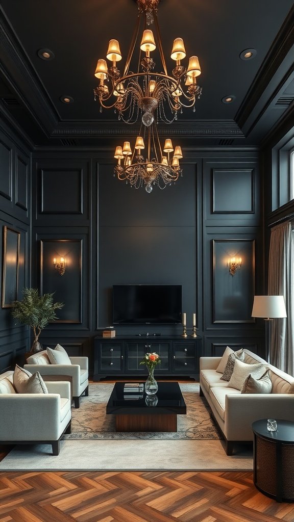 A luxurious living room with dark walls, featuring an elegant chandelier and light-colored furniture.