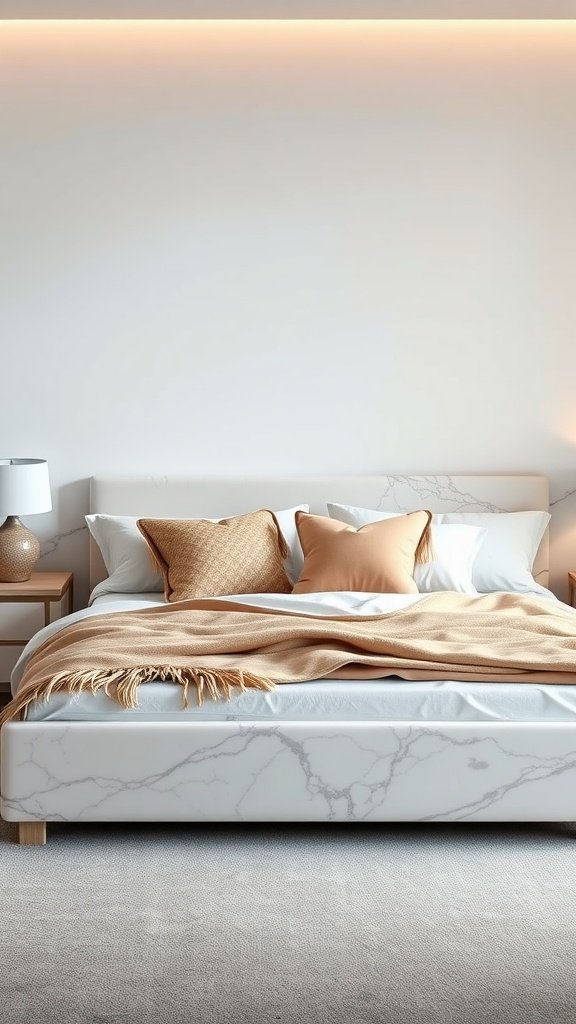 A stylish bedroom featuring a marble bed frame with neutral bedding and decorative pillows.