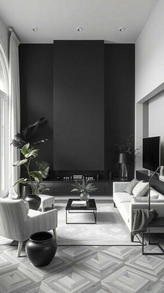 A modern living room featuring black walls, greenery, and stylish furniture.