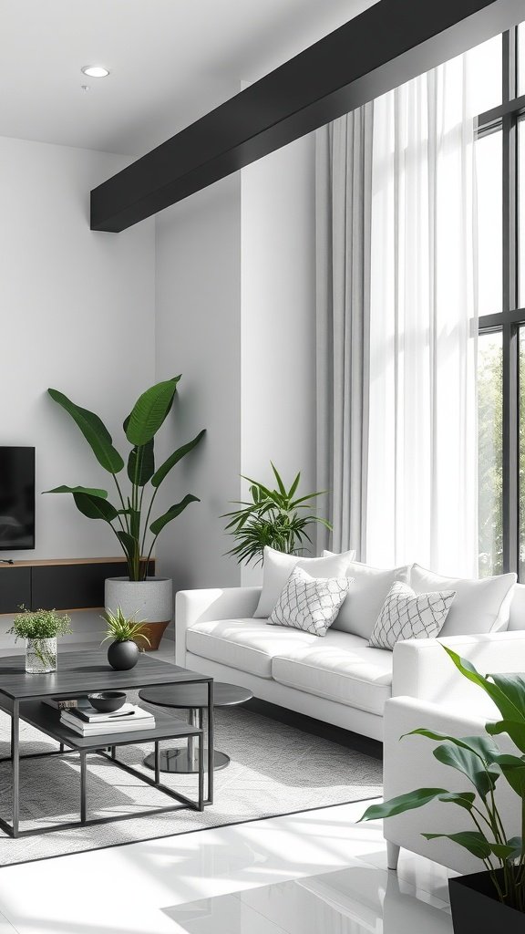 A modern living room featuring black walls, greenery, and stylish furniture.
