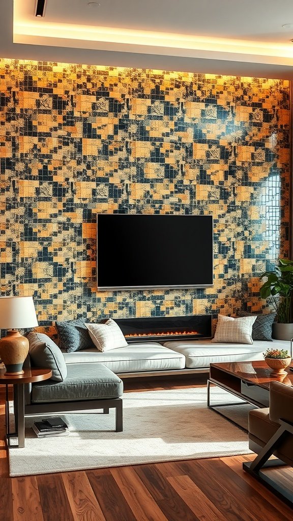 Living room showcasing elegant mosaic tile accents on the wall