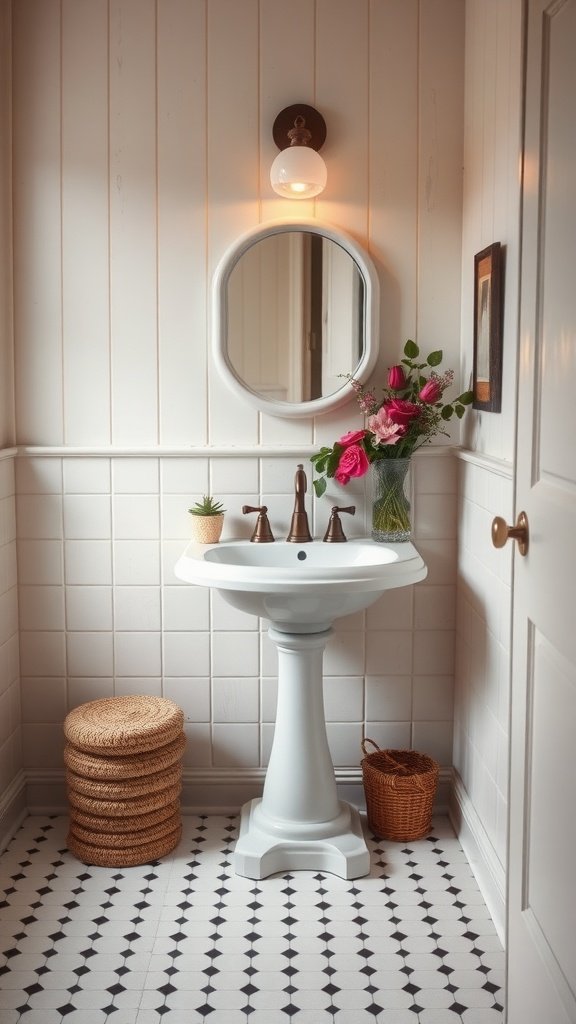 A stylish bathroom featuring a white pedestal sink, shiplap walls, and decorative elements like flowers and baskets.