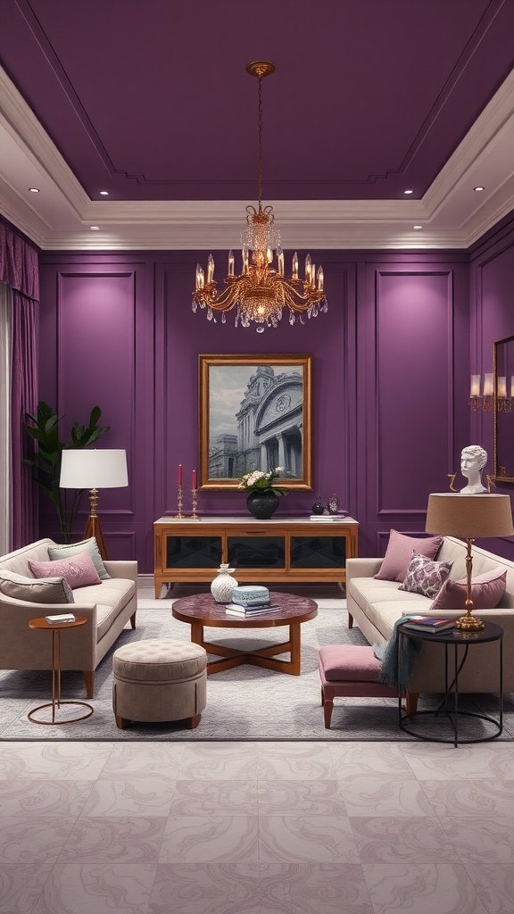 A living room painted in elegant plum with stylish furniture and decor.