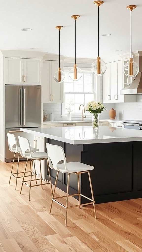 Kitchen island with quartz top and stylish bar stools