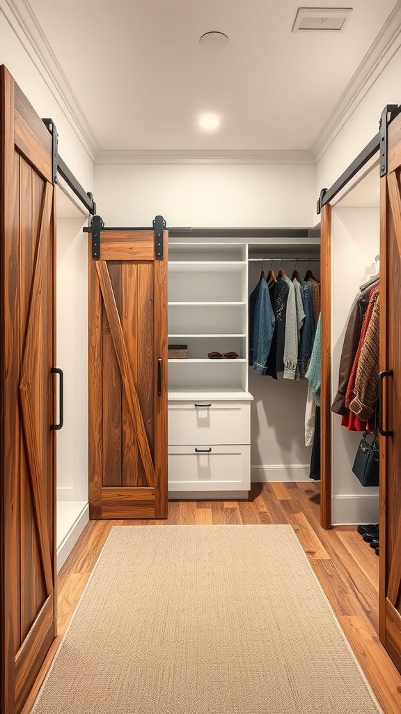 A walk-in closet featuring sliding barn doors made of wood, showcasing a clean and organized space.