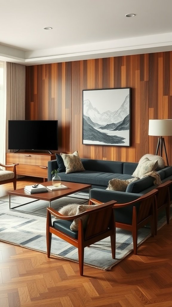 A modern living room featuring teak furniture, showcasing rich wood tones against a stylish backdrop.