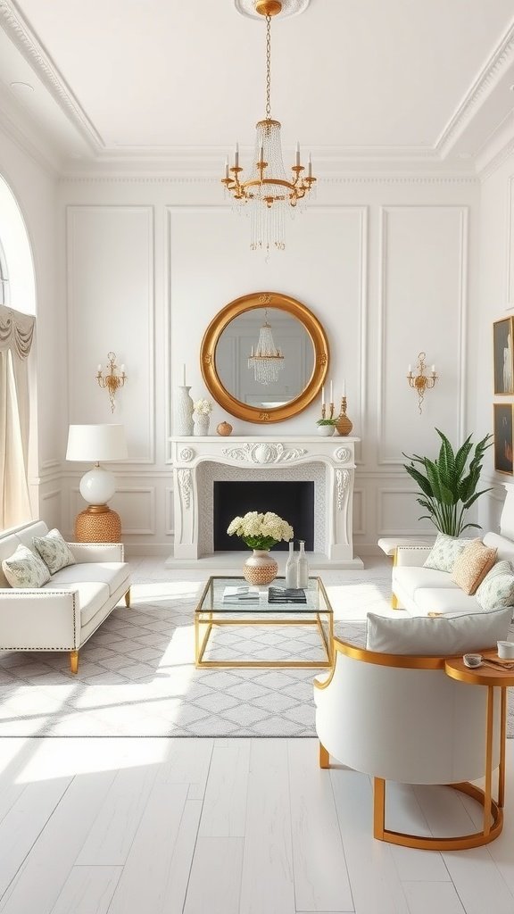 A luxurious living room featuring white furniture and gold accents.