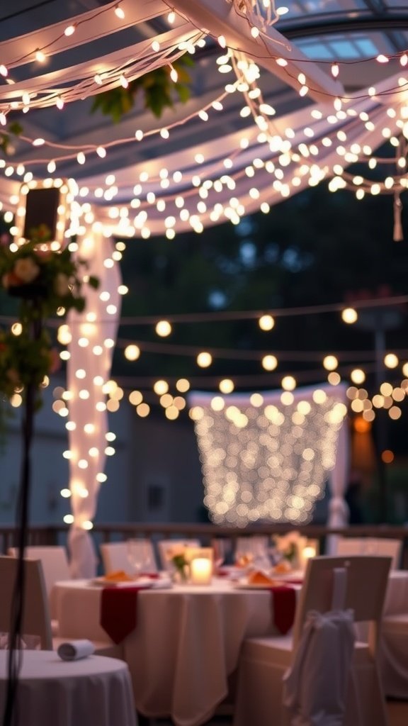 A beautiful white string light canopy illuminating a dining area with soft lights.