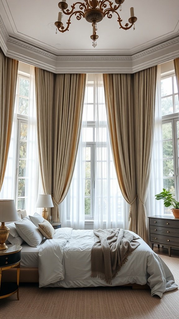 A beautifully designed bedroom with long, elegant curtains framing large windows, complemented by soft bedding and tasteful decor.