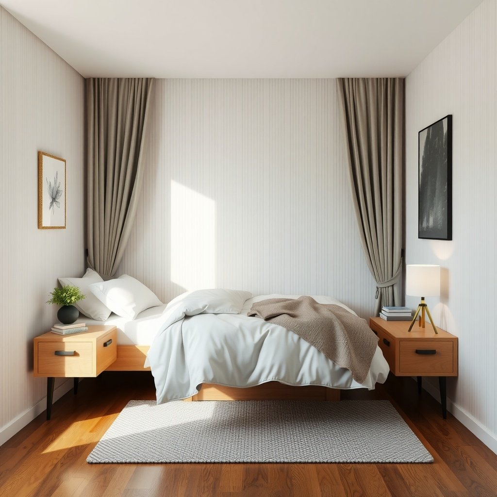 A cozy bedroom featuring an elevated nightstand with a lamp and decor.