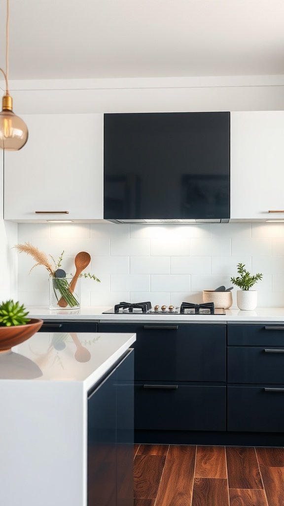 Modern kitchen with two-tone glossy and matte cabinets.