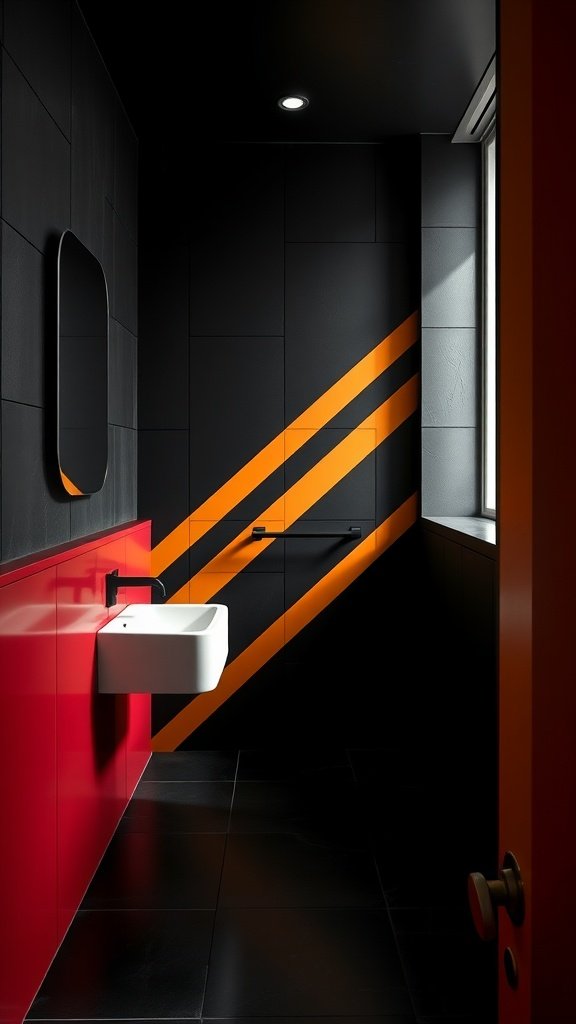 A modern dark bathroom featuring asymmetric orange stripes against a black wall, with a red accent wall and a white sink.