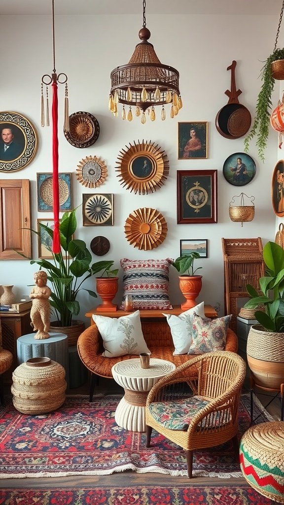 A cozy bohemian living space filled with various patterns, colors, and cultural artifacts.