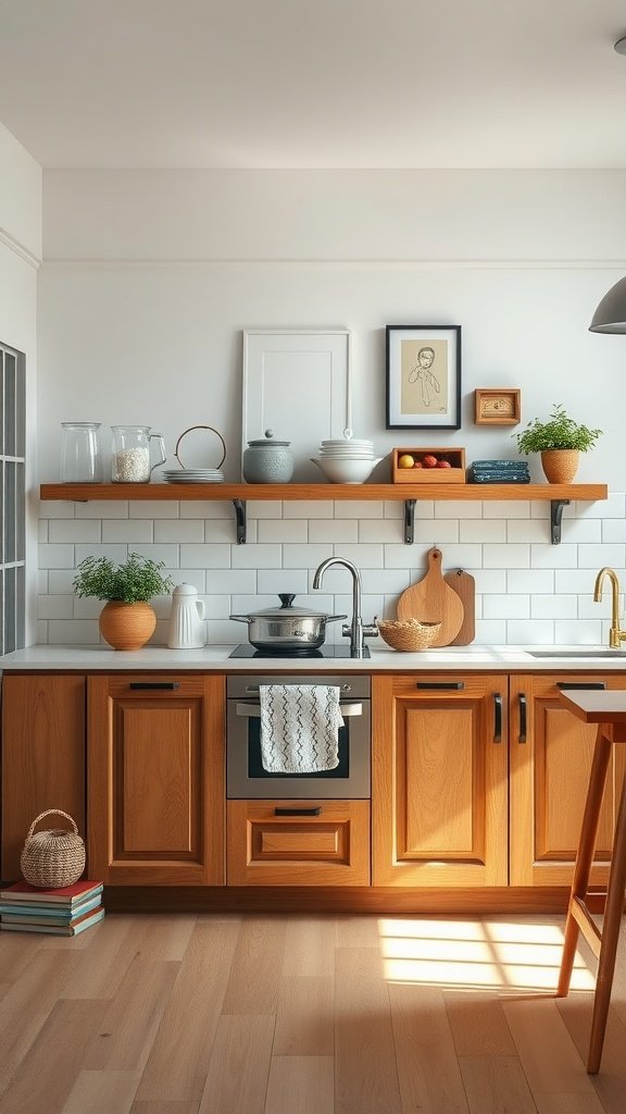 A modern kitchen design featuring wooden cabinets, minimal decor, and classic touches.