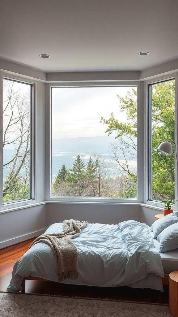 Cozy bedroom with large windows showcasing outdoor scenery.