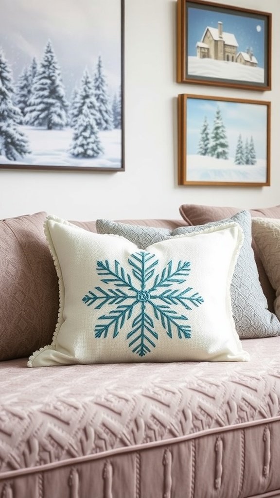 A decorative pillow with the word 'Wintern' embroidered surrounded by flowers, placed on a beige couch.