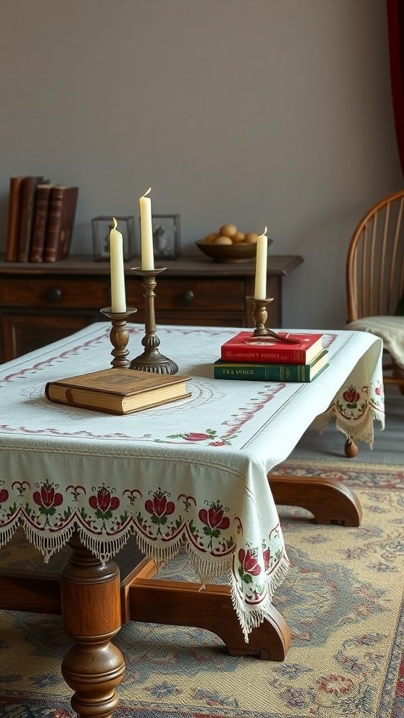 A beautifully embroidered tablecloth on a wooden table with candles and books