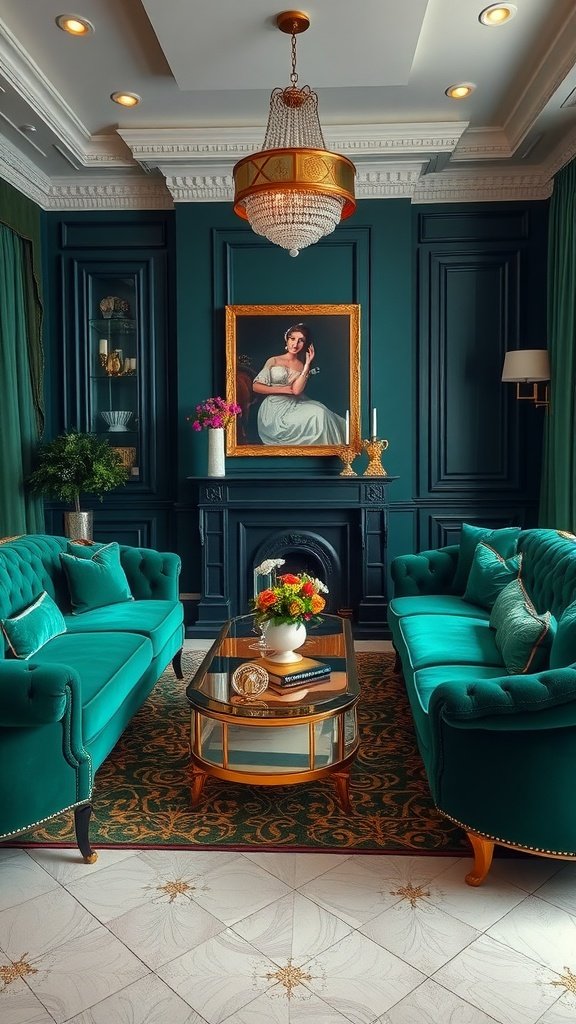 An elegant emerald green living room with plush sofas, a chic chandelier, and tasteful decor.