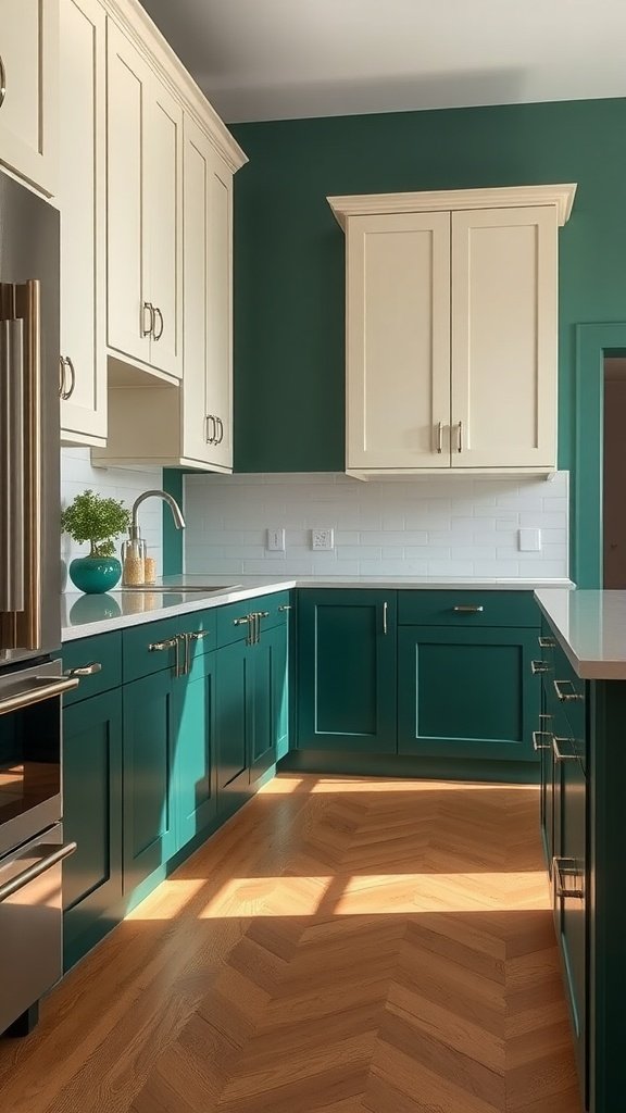 A kitchen featuring emerald green and ivory two-tone cabinets.