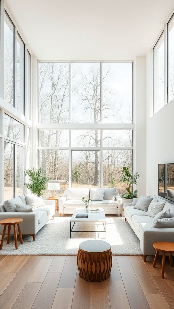 A bright and airy living room with large windows allowing natural light to flood in.