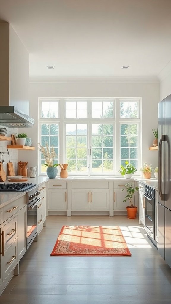 Bright kitchen with large windows allowing natural light in.