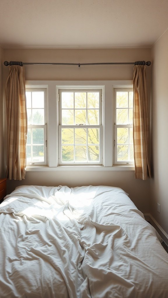 A cozy small bedroom with a bed and three windows allowing natural light.