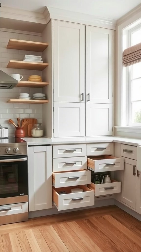 A modern kitchen featuring organized drawers and shelves for practical storage solutions.