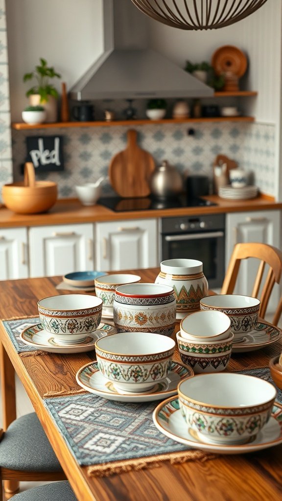 A collection of ethnic patterned tableware arranged on a wooden table with a cozy kitchen background.