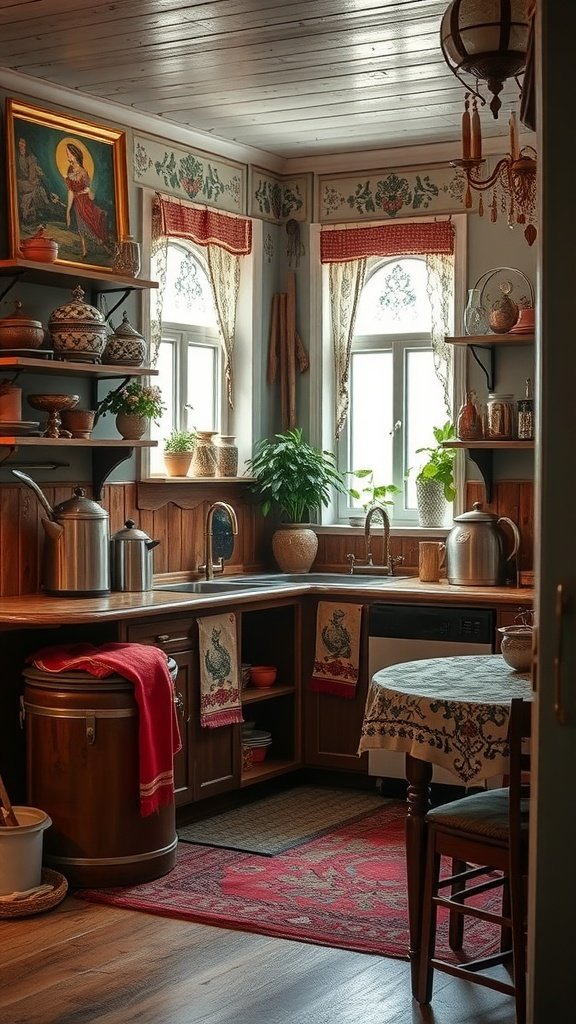 A cozy Eastern European inspired kitchen with rich colors and traditional decor.