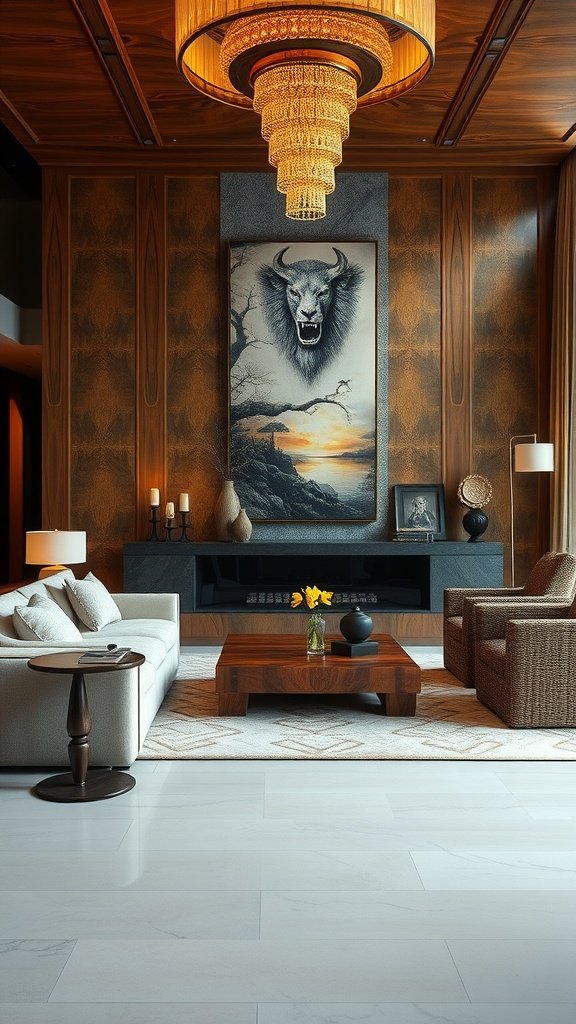 A modern living room featuring Zebrano wood accents with a cozy and stylish setup.