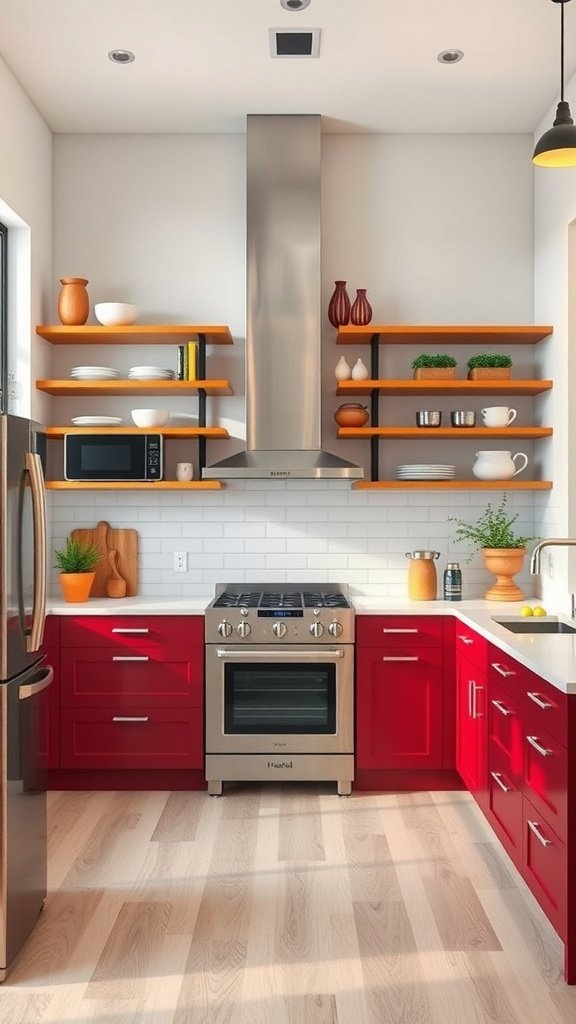 A modern kitchen featuring bright red cabinets, stainless steel appliances, and open shelving.