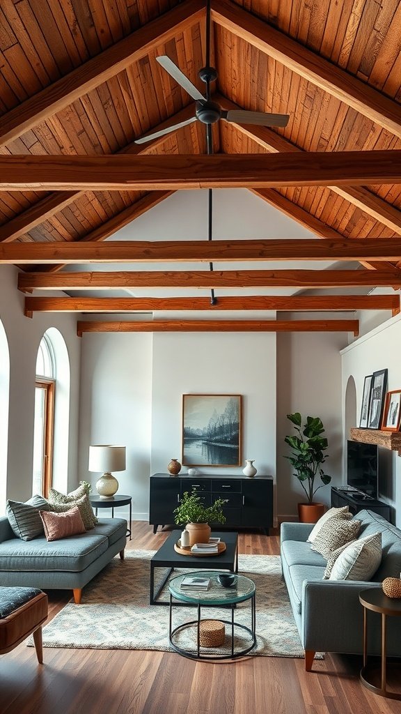 A modern farmhouse living room featuring exposed wooden beams, chic furniture, and cozy decor.