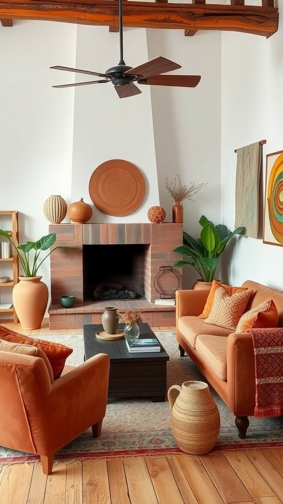 A serene neutral living room featuring faded terracotta elements with cozy furniture and decor.