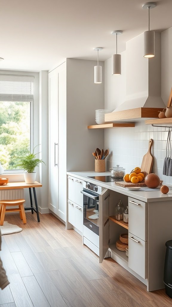 A modern kitchen featuring a cozy dining area, bright natural light, and organized storage.