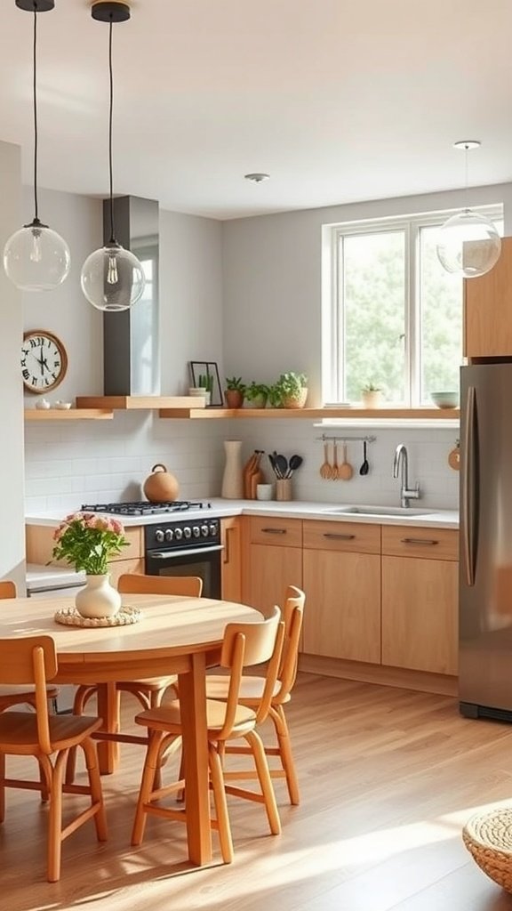 A bright and spacious kitchen with a wooden table and chairs, modern appliances, and an inviting atmosphere.