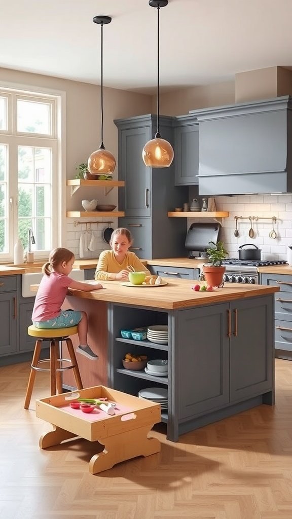 A family-friendly kitchen island featuring a play area, with a woman and a child interacting.