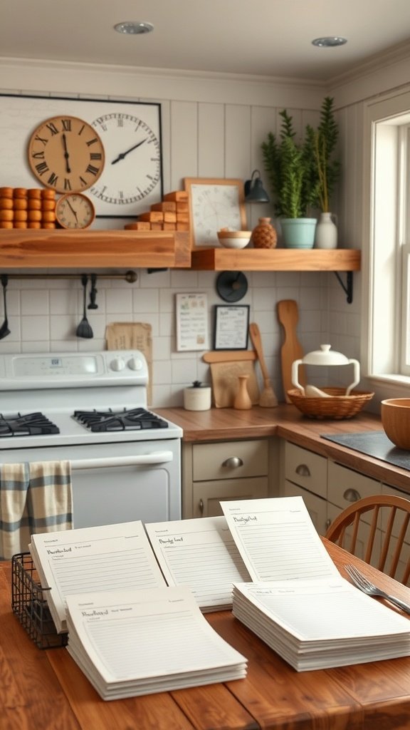A cozy farmhouse kitchen featuring family recipes on display, enhancing the warmth and charm of the space.