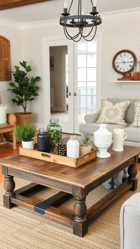 Cozy farmhouse-style living room with a rustic wooden coffee table.